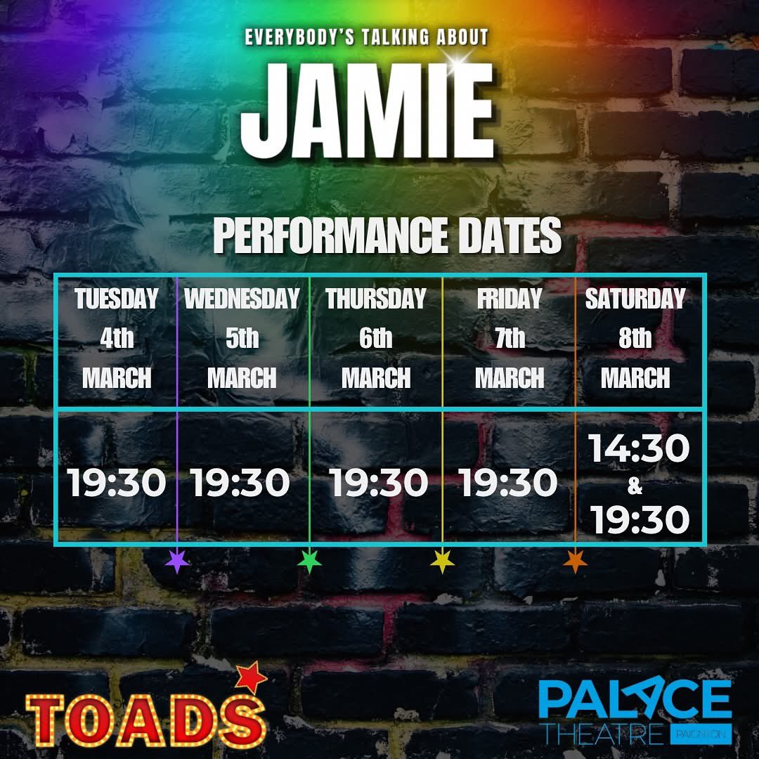 TOADSSMC's tweet image. Have you secured your tickets yet? They’re selling fast, so don’t wait too long!

Here are our show dates and times – book yours now to avoid disappointment 

✨ ⬇️✨⬇️

👠 Everybody’s Talking About Jamie 
🗓️ Tuesday 4th - Saturday 8th March 2025
📍 @Theatrepaignton