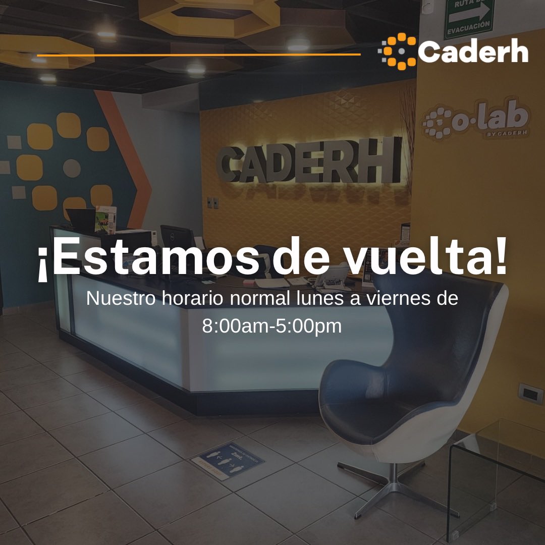 ¡Estamos de vuelta!
A todos nuestros clientes, les informamos que retomamos nuestras actividades en horario normal:

🕗 Lunes a viernes: 8:00 a.m. - 5:00 p.m.

Seguimos comprometidos en brindarles el mejor servicio este 2025. ¡Gracias por confiar en Caderh!