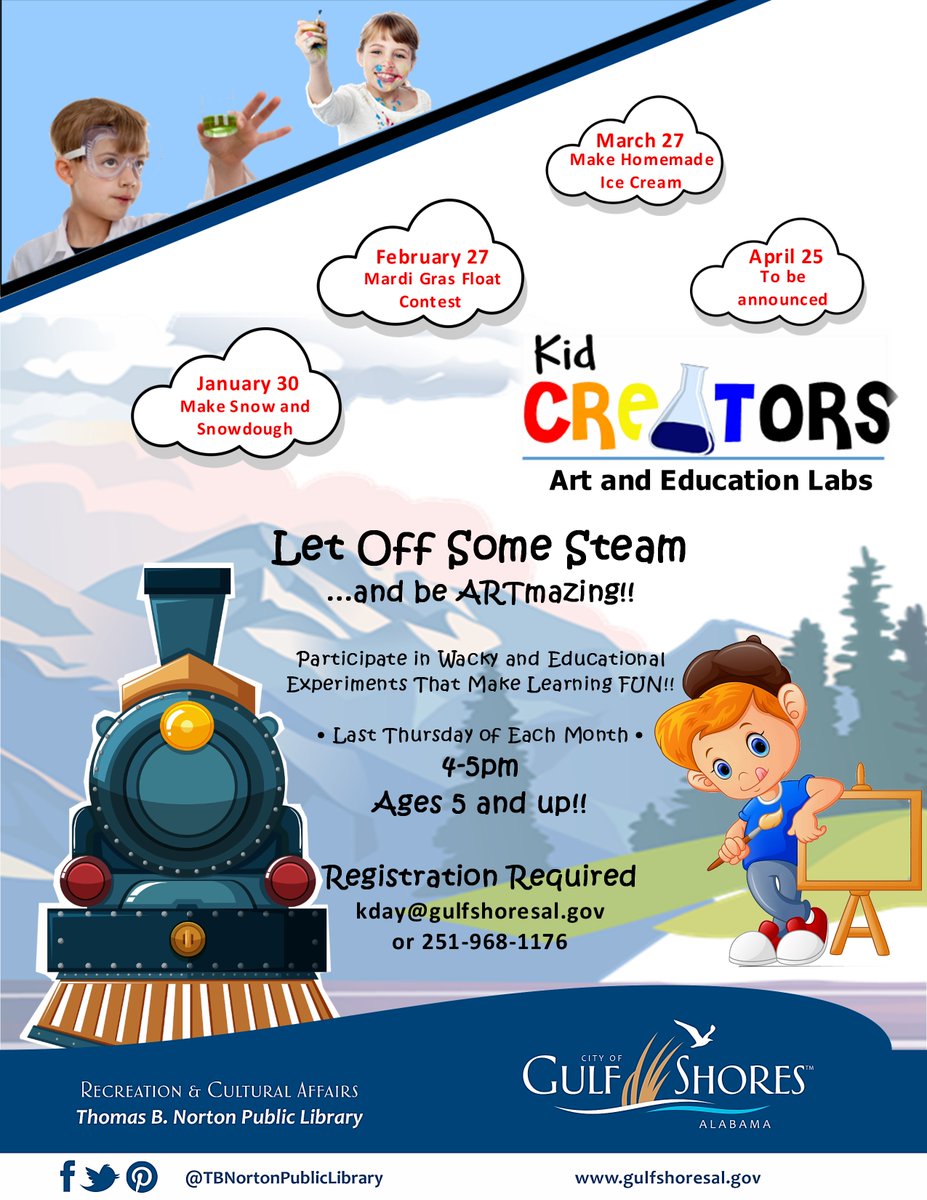 TBNortonLibrary's tweet image. Come and be part of our KID CREATOR LABS!! This month we are making SNOW!!!  All supplies are included, so just bring your imagination! Supplies are provided. Ages 5 and up!!
Sign up at the link below or contact the library at 251-968-1176.
forms.gle/Dv7NCBSzUTKNM6…