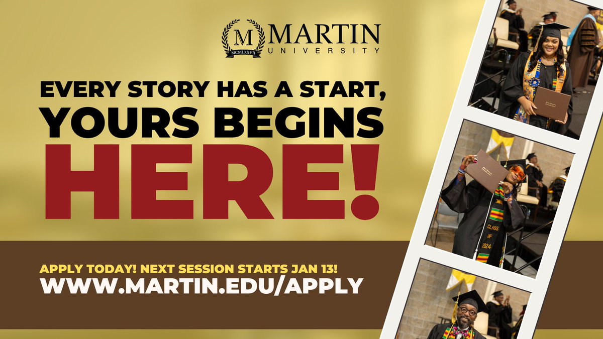 Every story has a start, and yours can begin here! It’s not too late; classes start Monday, January 13th. Apply today and let Martin University be the foundation for your next chapter! Visit martin.edu/apply to get started.