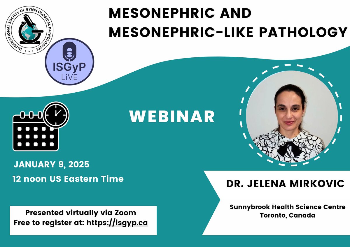 International Society of Gynecologic Pathologists (@isgynp) on Twitter photo Announcing a free <a href="/ISGynP/">International Society of Gynecologic Pathologists</a> sponsored live virtual webinar on 01/09 by Dr. Mirkovic on "Mesonephric and Mesonephric-like Pathology". Register now at isgyp.ca #gynpath #pathtwitter #pathology Announcing a free <a href="/ISGynP/">International Society of Gynecologic Pathologists</a> sponsored live virtual webinar on 01/09 by Dr. Mirkovic on "Mesonephric and Mesonephric-like Pathology". Register now at isgyp.ca #gynpath #pathtwitter #pathology