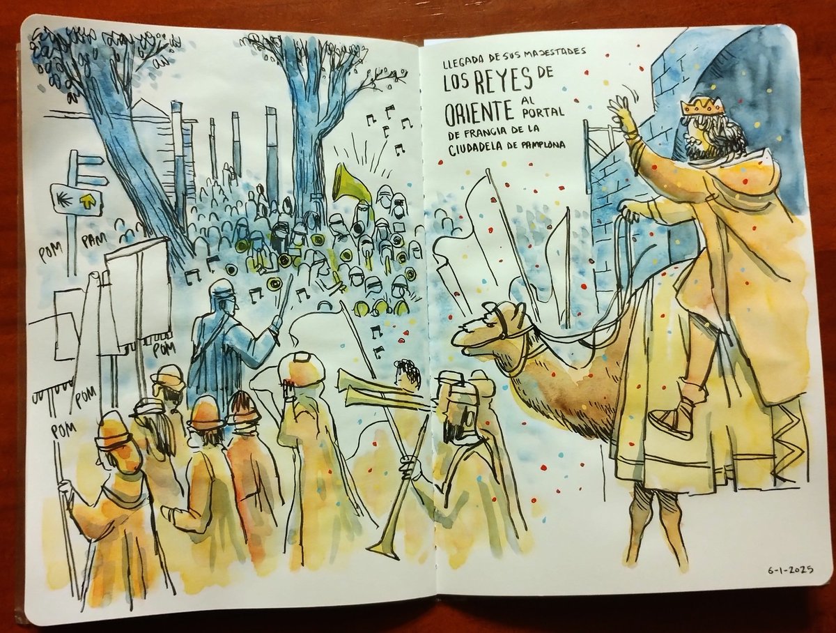 Dibujo en directo de la entrada de los Reyes de Oriente a la ciudad de #Pamplona a través de una de las entradas de la muralla. He intentado simplificar la complejidad de la realidad con una paleta muy reducida de colores.