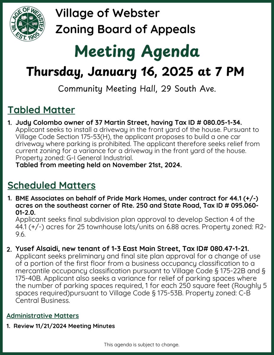 Village Zoning Board Meeting Agenda for January 16, 2025