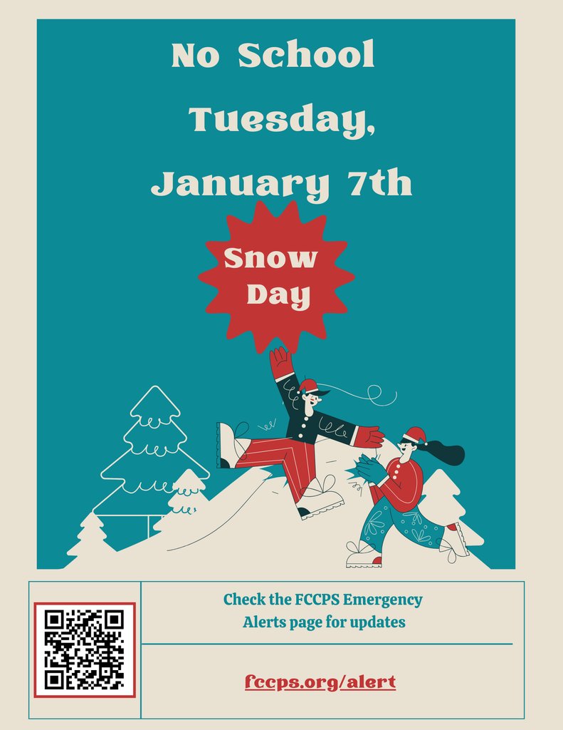 ❄️ UPDATE: Falls Church City Schools, daycare &amp; offices remain CLOSED on Tues 1/7. 
Road conditions remain unsafe + more snow tonight. Wed status decided by 6 PM Tues. Stay safe! Updates: fccps.org/alert #FCCPS #VAweather