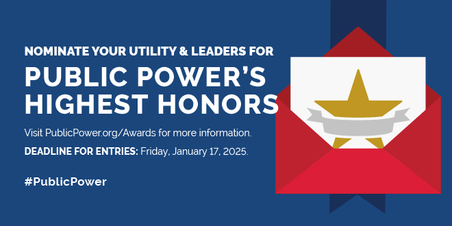 There are just two weeks remaining to submit your nominations for this year's APPA Individual and Utility Awards! The deadline for nominations is January 17, 2025. ow.ly/q6uT50Qsc2X #PublicPower