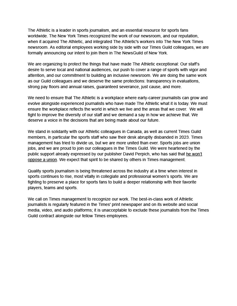 NYTimesGuild (@nytimesguild) on Twitter photo “We need to ensure that The Athletic is a workplace where early-career journalists can grow and
evolve alongside experienced journalists who have made The Athletic what it is today.”
Read more from our <a href="/TheAthletic/">The Athletic</a> members’ mission statement. #IAMTIMESGUILD “We need to ensure that The Athletic is a workplace where early-career journalists can grow and
evolve alongside experienced journalists who have made The Athletic what it is today.”
Read more from our <a href="/TheAthletic/">The Athletic</a> members’ mission statement. #IAMTIMESGUILD
