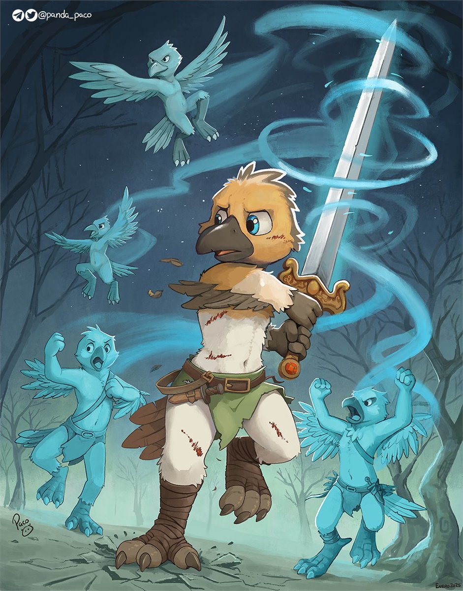 Makkora, the bird barbarian, collecting unexpected strength and energy due the aid of his ancestral guardians. Among them are ancestors from an ancient time when his species had only wings and no hands, reminder of his lineage.

Picture for <a href="/flurrabell/">flurrabell 🐤</a>