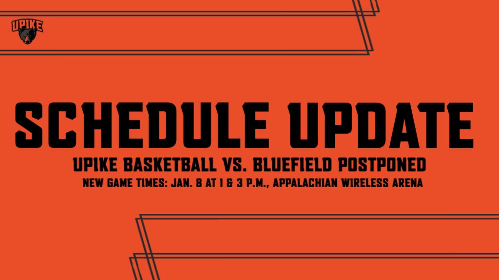 UPIKE Athletics (@upikeathletics) on Twitter photo Due to weather, <a href="/UPIKE_WBB/">UPɪᴋᴇ Wᴏᴍᴇɴ’s Bᴀsᴋᴇᴛʙᴀʟʟ⛹️♀️🐻</a> & <a href="/UPIKEBasketball/">UPIKE Bears Basketball</a> games vs. Bluefield have been postponed to Wednesday. The women’s game will start at 1 PM, followed by the men’s game at 3 PM. Both games will be played at Appalachian Wireless Arena 🏀🐻 Due to weather, <a href="/UPIKE_WBB/">UPɪᴋᴇ Wᴏᴍᴇɴ’s Bᴀsᴋᴇᴛʙᴀʟʟ⛹️♀️🐻</a> & <a href="/UPIKEBasketball/">UPIKE Bears Basketball</a> games vs. Bluefield have been postponed to Wednesday. The women’s game will start at 1 PM, followed by the men’s game at 3 PM. Both games will be played at Appalachian Wireless Arena 🏀🐻