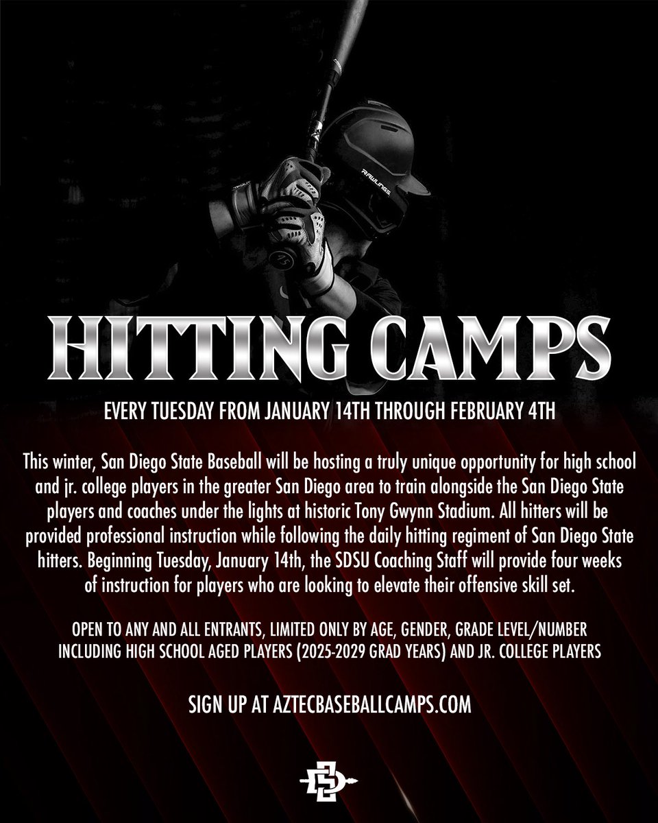 Hitting Camps are approaching! Come join us at TG under the lights starting Jan. 14th‼️Link Below: aztecbaseballcamps.com/shop/EVENT