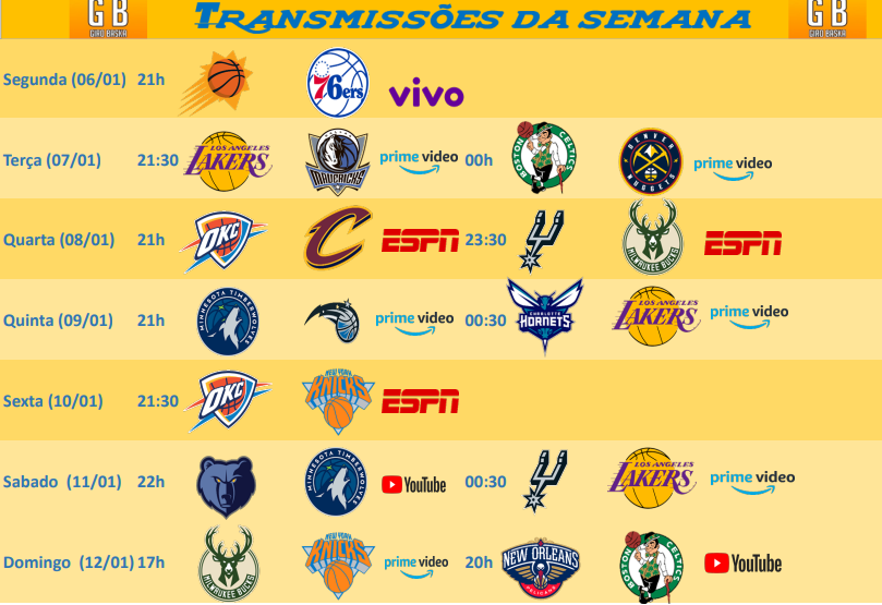 GiroOfc's tweet photo. 📺🏀 Semana 12🏀📺   

É dia de planejar toda rotina de NBA, é dia de Transmissões da Semana™                  

jogos no youtube da NBA BR!

Rt e likes são apreciados https://t.co/hQsB9PgYH8
