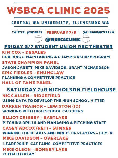 As we get back into a normal routine don’t forget to get signed up for the WSBCA clinic coming up Feb 7th and 8th! allstatebaseball.com/store/clinic-r…