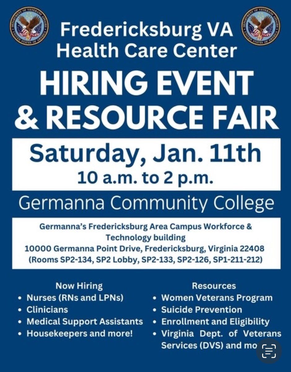 bayvacareers's tweet photo. Hiring Event & Resource Fair this Saturday at Germanna Community College. Stop by from 10am to 2pm to talk with representatives from Fredericksburg VA Health Care Center regarding resources and job opportunities.
#hiring #jobs #virginiaworks #healthcare https://t.co/a7eWzxKHpv