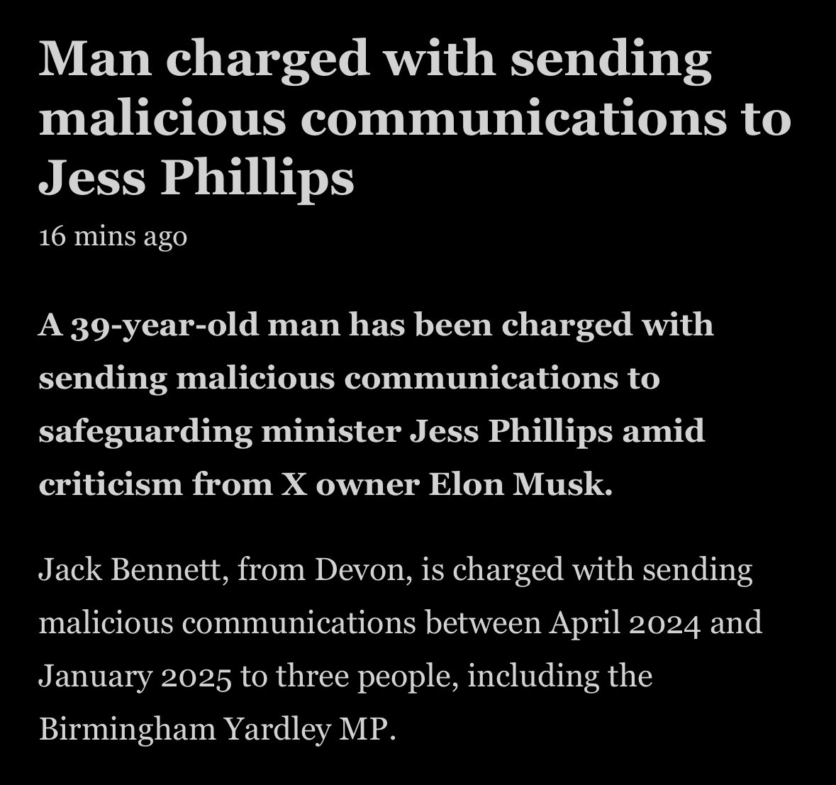 The consequence of that fucking idiot targeting Jess Phillips with unfounded bullshit. A woman that’s dedicated her career to protecting women and girls from male violence, threatened with violence by a man, after incitement from another man. 

What’s the common denominator here?
