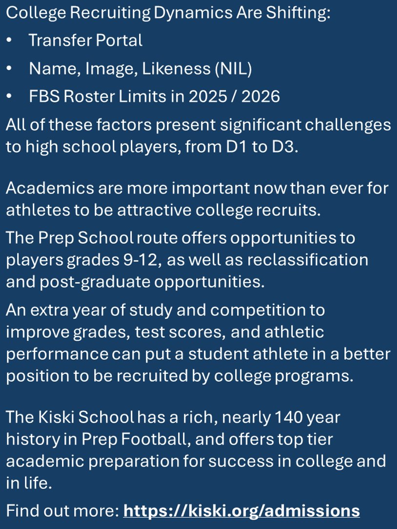 Kiski Football (@kiskiprepfb) on Twitter photo The Kiski School in Saltsburg, PA, 40 minutes east of Pittsburgh, offers a coed Prep School experience for grades 9-12, with reclass and post-graduate options. 2025 Admission has begun: kiski.org/admissions/ <a href="/WPIAL_Insider/">WPIAL Insider</a> <a href="/TheKiskiSchool/">The Kiski School</a> <a href="/PaFootballNews/">Pennsylvania Football News</a> <a href="/WestmorelandSN/">Westmoreland Sports Network</a> The Kiski School in Saltsburg, PA, 40 minutes east of Pittsburgh, offers a coed Prep School experience for grades 9-12, with reclass and post-graduate options. 2025 Admission has begun: kiski.org/admissions/ <a href="/WPIAL_Insider/">WPIAL Insider</a> <a href="/TheKiskiSchool/">The Kiski School</a> <a href="/PaFootballNews/">Pennsylvania Football News</a> <a href="/WestmorelandSN/">Westmoreland Sports Network</a>