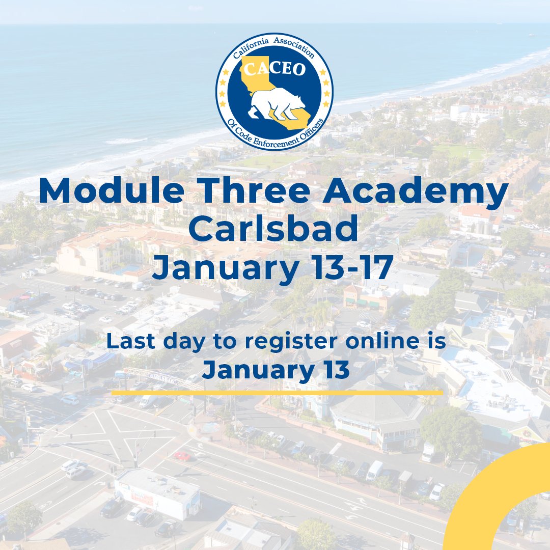 CACEOTweets's tweet photo. This is the third in the series of three academy modules required to obtain certification 👍 as a Certified Code Enforcement Officer.  

Sign up online by January 13! 👉 https://t.co/RsNwwxpJ6e

#CACEO #CodeEnforcement #ProfessionalDevelopment #Carlsbad https://t.co/saispA59Oi