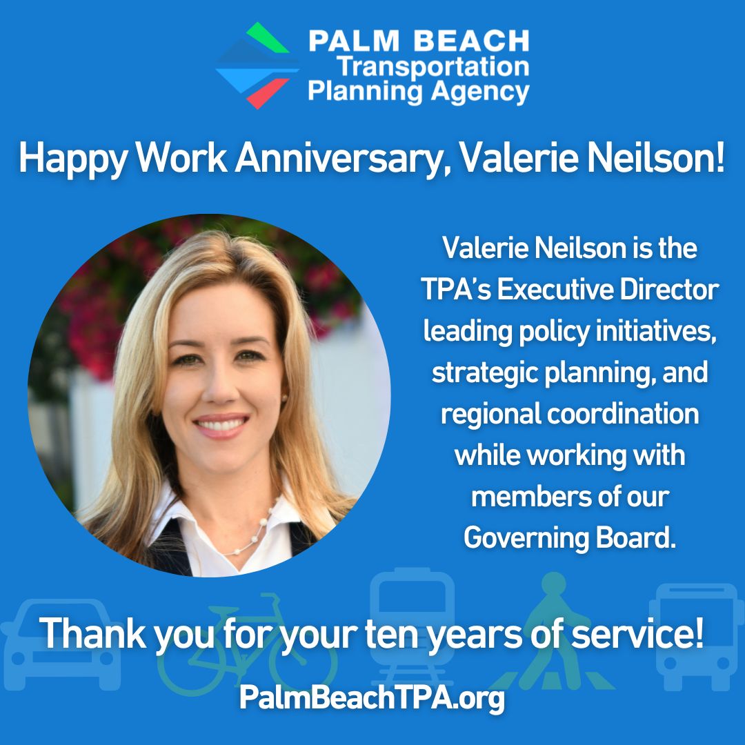 Palm Beach TPA (@palmbeachtpa) on Twitter photo Happy 10 year work anniversary to our Executive Director, Valerie Neilson!
Valerie leads policy initiatives, strategic planning, and regional coordination while working with members of our Governing Board. She has served as the TPA's Executive Director for 3 years. We are so Happy 10 year work anniversary to our Executive Director, Valerie Neilson!
Valerie leads policy initiatives, strategic planning, and regional coordination while working with members of our Governing Board. She has served as the TPA's Executive Director for 3 years. We are so