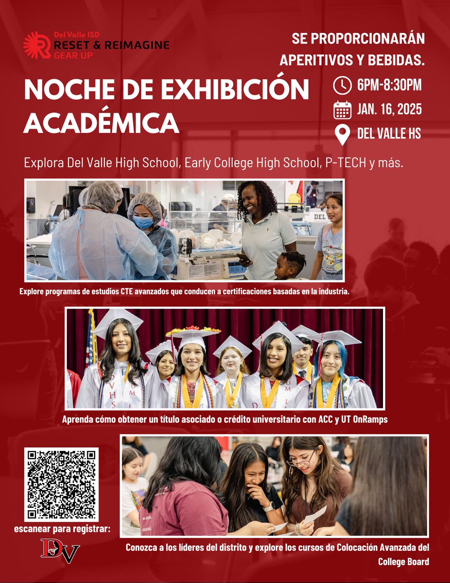 Join us for Academic Showcase Night on Jan. 16 from 6-8:30 p.m. at Del Valle HS! Eighth grade and HS families can explore programs, tour advanced CTE facilities, and meet with counselors to help with course planning. Register here: bit.ly/academicsnight…