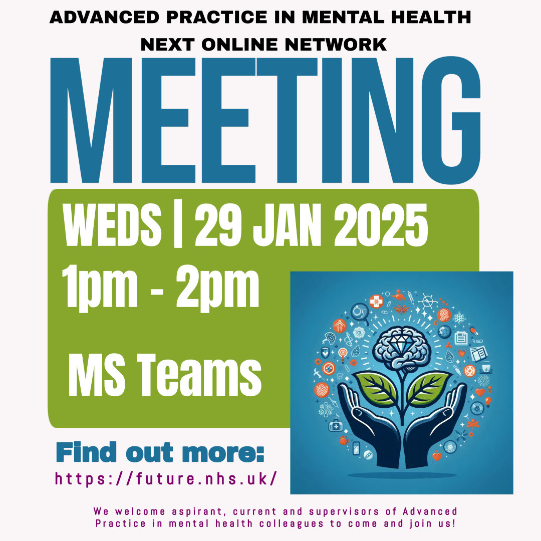 We would like to invite all trainee AP's, AP's and those interesting in finding out more to our next advanced practice mental health network event on teams on 29th January 2025 1 to 2pm run by the advanced practice mental network #APMHNetwork