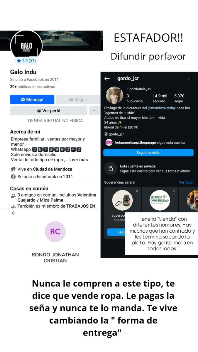 ESTE PIBE ANDA ESTAFANDO CON ROPA, TE HACE PAGAR LA MITAD, TE DICE UNA "FORMA DE ENVÍO" Y DESPUES TE EMPIEZA A CAMBIAR, TE DA VUELTAS Y TE DICE "QUE EL PONE LAS REGLAS DE SU NEGOCIO" FÍJENSE BIEN, PORQUE TIENE OTROS NOMBRES Y ENCIMA NO USAN SU CUENTA PARA TRANFERIR