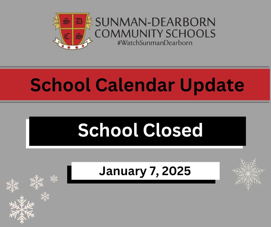 Sunman-Dearborn Community Schools will be closed on Tuesday, January 7, 2025. Per the School Calendar, this day will be made up on Monday, February 17, 2025.

sunmandearborn.k12.in.us/essentials/202…