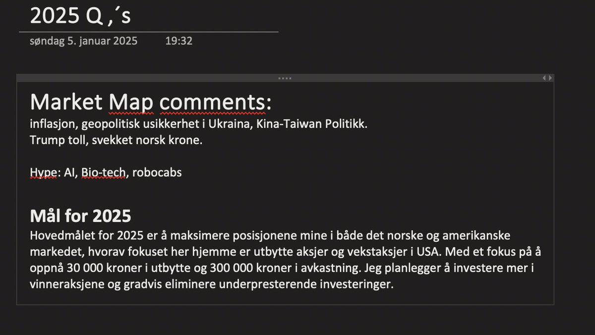Vanskelig og forutsi markedet, men setter meg mål og jobber målrettet.  

Tror ikke jeg kommer i nærheten av 2024. Men ikke langt ifra heller. Let’s go get it. 

Lykke til alle mann. 🤝🏾