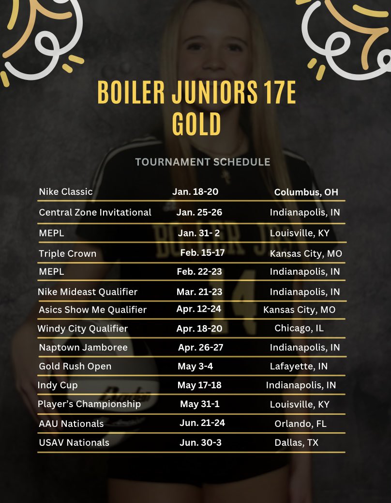 Ava Tester (@avatester_) on Twitter photo Here is my tournament schedule for the 2025 season. Can’t wait to see what it brings for my team and I.
<a href="/BoilerJuniorsVB/">The Academy Boiler Juniors</a> <a href="/TAVCRecruiting/">The Academy Volleyball Club Recruiting</a> <a href="/Fishers_VB/">Fishers Girls Volleyball</a> <a href="/Johnshondell/">John Shondell</a> <a href="/chandrahepler/">Chandra Hepler</a> <a href="/PrepDigIN/">Prep Dig Indiana</a> Here is my tournament schedule for the 2025 season. Can’t wait to see what it brings for my team and I.
<a href="/BoilerJuniorsVB/">The Academy Boiler Juniors</a> <a href="/TAVCRecruiting/">The Academy Volleyball Club Recruiting</a> <a href="/Fishers_VB/">Fishers Girls Volleyball</a> <a href="/Johnshondell/">John Shondell</a> <a href="/chandrahepler/">Chandra Hepler</a> <a href="/PrepDigIN/">Prep Dig Indiana</a>