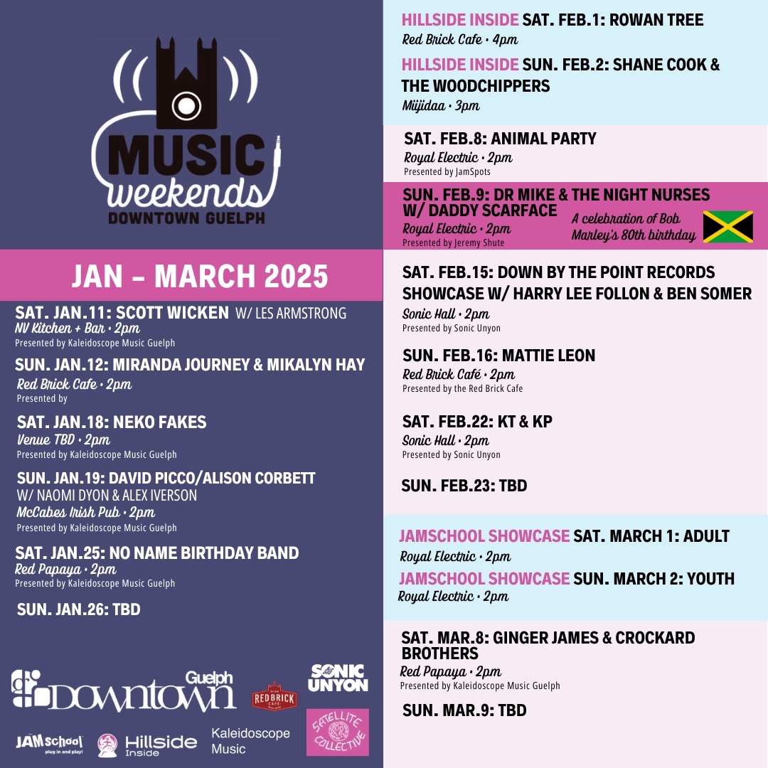 Music Weekends is back! 

Kicking off this Saturday, January 11th, join us in Downtown Guelph every Saturday and Sunday afternoon until March 9th. With new artists every weekend, you won't want to miss a beat! 🎶