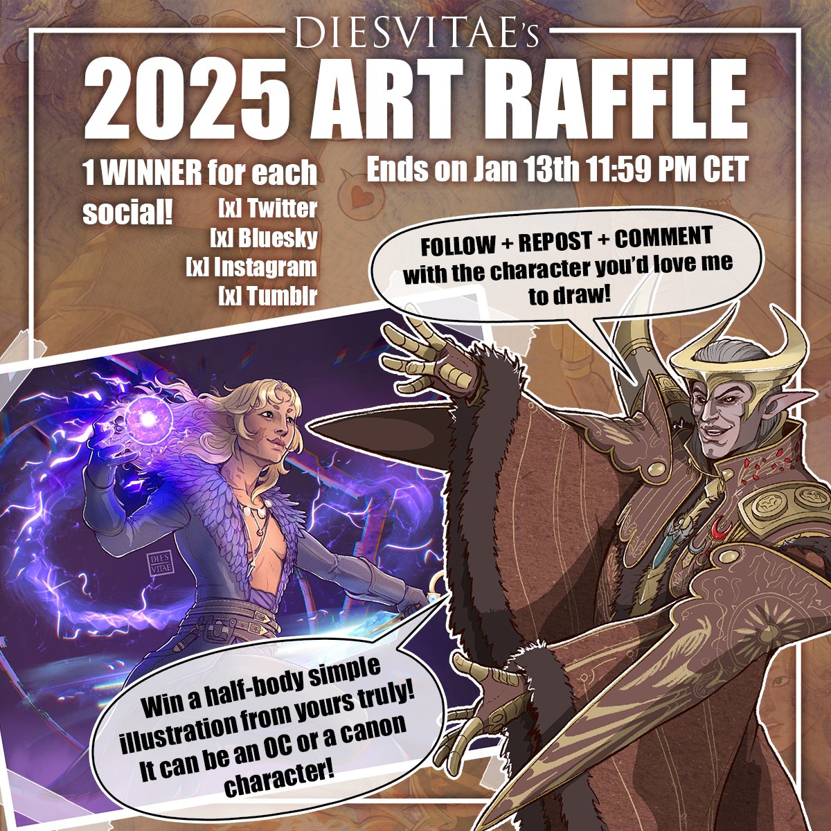 Time to start the new year with an Art Raffle!
Thank you a lot for the 3K followers!

How to enter:
🌙Follow + Repost 
🌙Comment with a picture, screenshot or description of the character you'd want me to draw!

Yes, you can join on all four, but win only once!