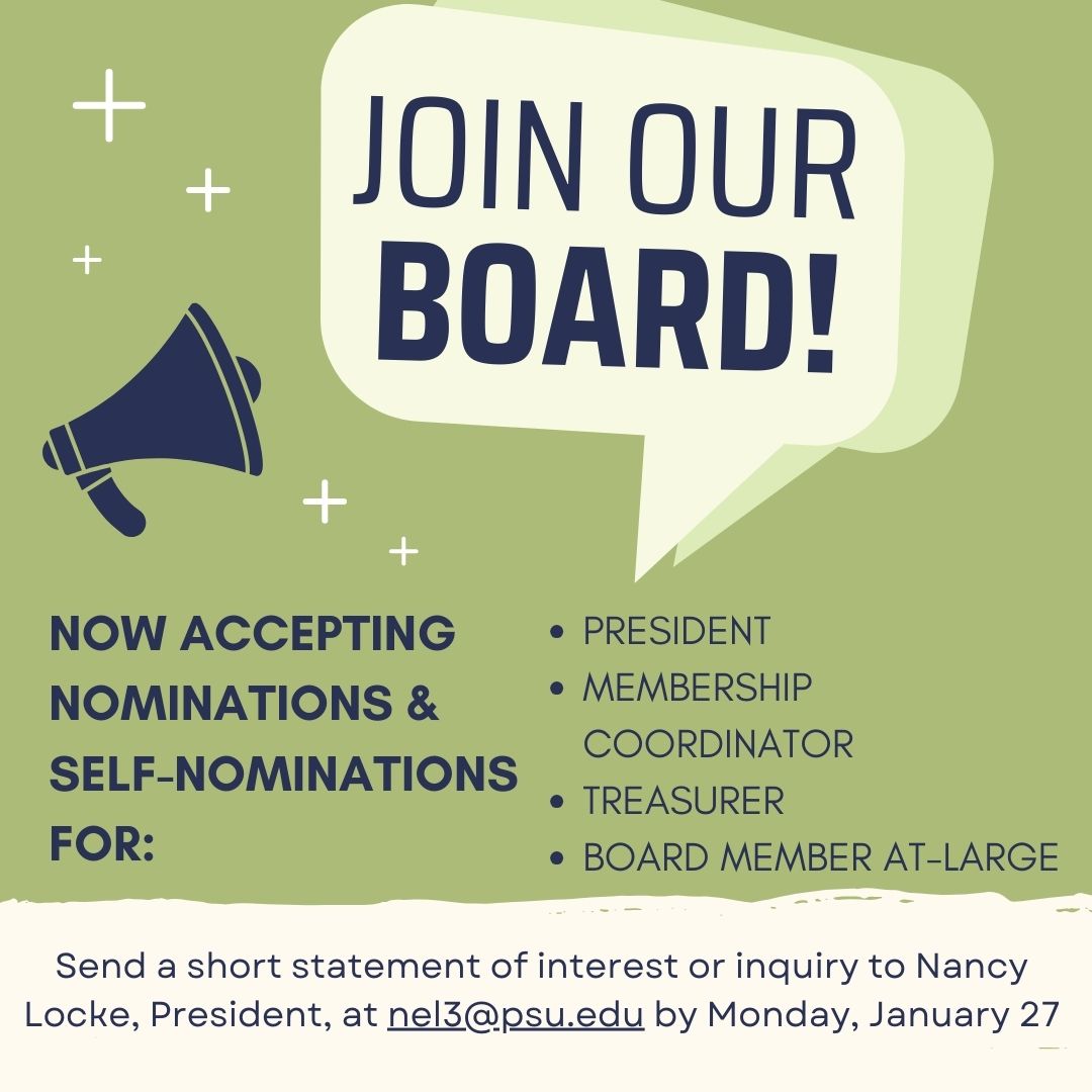 GET INVOLVED WITH AHNCA! These positions will be on the ballot this year:

President
Membership Coordinator
Treasurer
Board Member At-Large

Send a short statement of interest or inquiry to Nancy Locke, President, at nel3@psu.edu by 01/27/25.