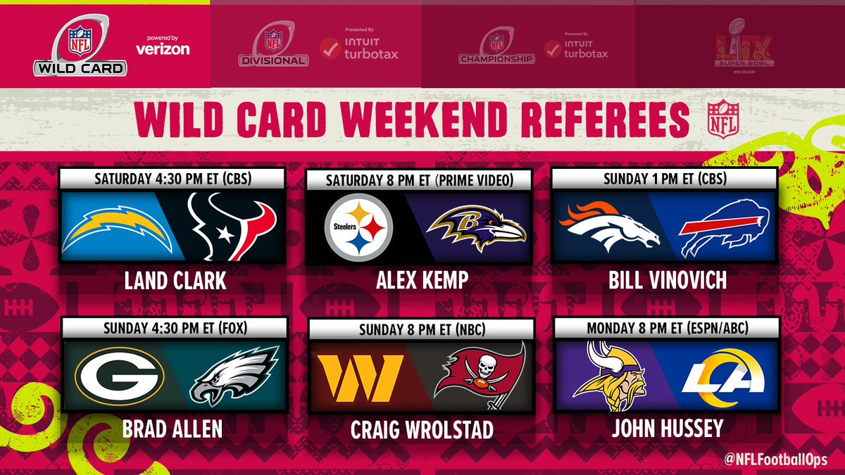 NFLFootballOps's tweet image. Here are the referee assignments for Wild Card Weekend!
#NFLPlayoffs