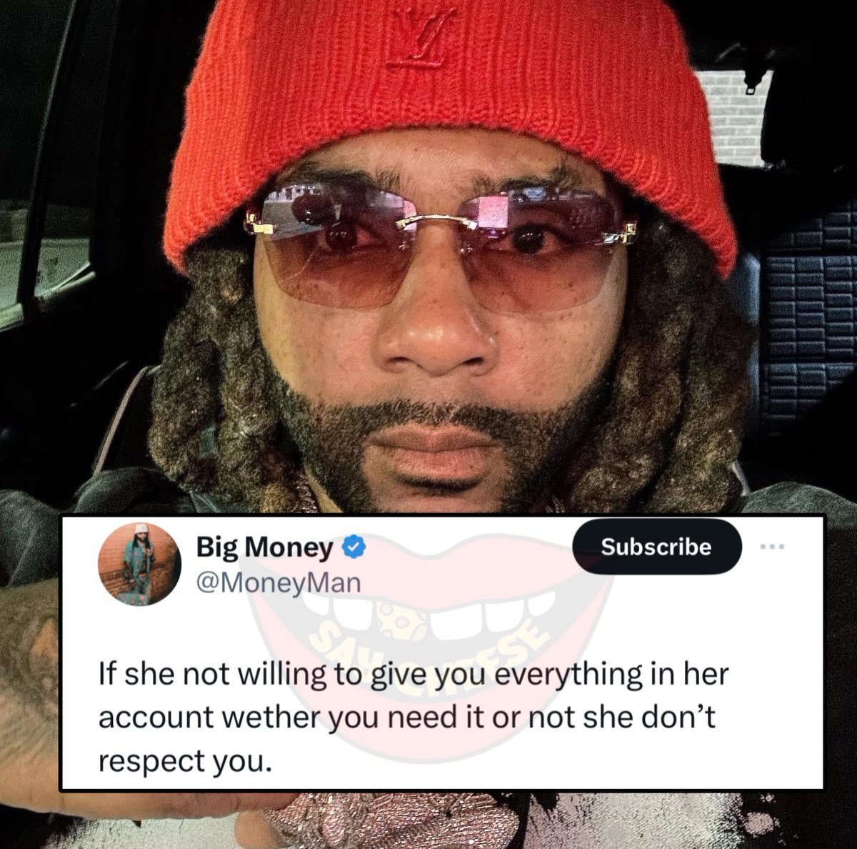 SaycheeseDGTL's tweet photo. Money Man says your woman doesn't respect you if she isn't willing to give you everything in her account https://t.co/pr1T6WFqqJ
