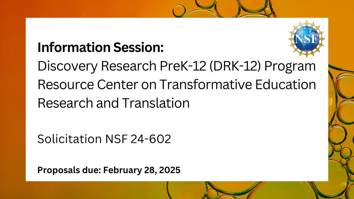 NSF ECR Hub (@ecrhub) on Twitter photo .<a href="/NSF/">U.S. National Science Foundation</a> is seeking proposals for a resource center supporting the Discovery Research PreK-12 program.
Program officers recently hosted an info session about the solicitation providing details on proposal preparation and submission instructions: new.nsf.gov/funding/opport… .<a href="/NSF/">U.S. National Science Foundation</a> is seeking proposals for a resource center supporting the Discovery Research PreK-12 program.
Program officers recently hosted an info session about the solicitation providing details on proposal preparation and submission instructions: new.nsf.gov/funding/opport…