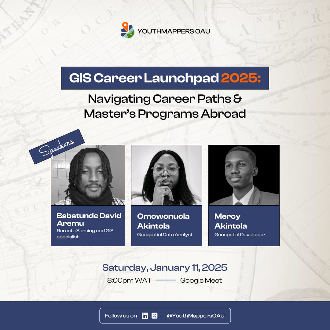 We are having our FIRST VIRTUAL WEBINAR OF THE YEAR🎉 

Theme:
GIS Career Launchpad 2025: Navigating Career Paths &amp; Master’s Programs Abroad 🌎

REGISTER NOW 📝 to secure your slot to be part of the first 100 to attend the event:

lu.ma/gttfrm3x

#youthmappers