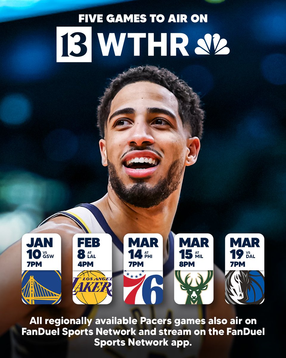 we will air five games for free over-the-air locally on WTHR, beginning with our game against the Warriors on Friday.

these games will also air on <a href="/FanDuelSN_IND/">FanDuel Sports Network Indiana</a> and the FanDuel Sports Network app.

learn more: on.nba.com/4h4foX3