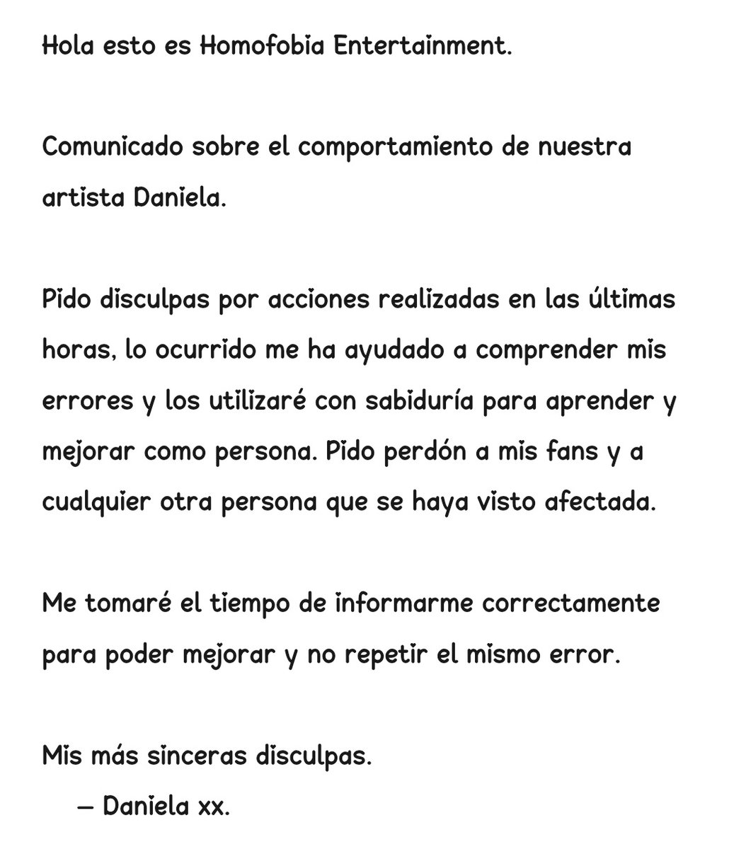 당사 아티스트 Daniela의 행동에 대한 성명입니다.

Comunicado sobre nuestra artista Daniela.
