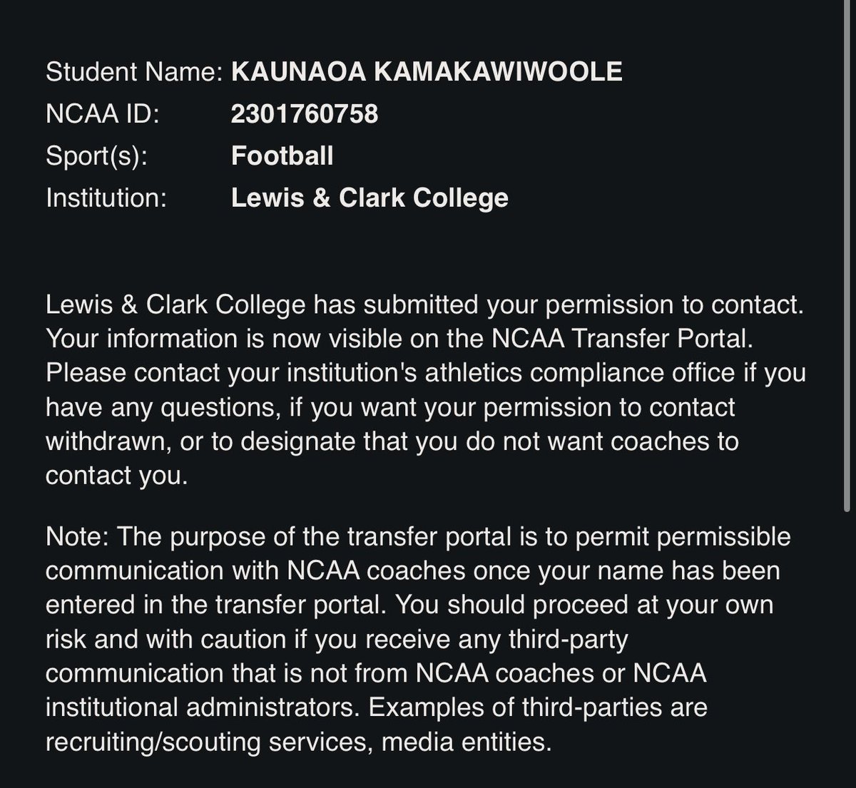 I am officially entered into the transfer portal, thankfully