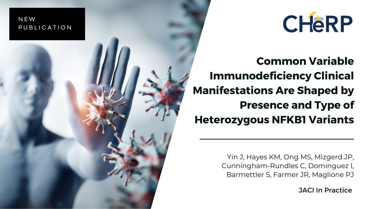 New Article! CHeRP faculty Mei-Sing Ong and team's publication Common #Variable #Immunodeficiency #Clinical Manifestations Are Shaped by Presence and Type of #Heterozygous NFKB1 #Variants is featured in JACI in Practice!

Read More Here: buff.ly/3DLcWqc