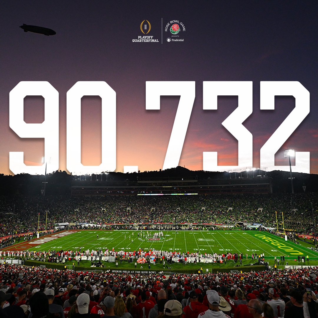 rosebowlgame's tweet photo. To all of those @OhioStateFB and @oregonfootball fans, along with everyone else who attended the 2025 @CFBPlayoff Quarterfinal at the #RoseBowl Game presented by @Prudential, we say THANK YOU🌹 https://t.co/swxECJ2yI9
