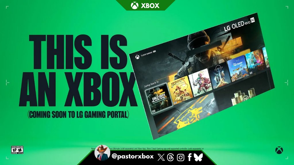 PastorXbox's tweet photo. 🚨Xbox Está Trazendo Jogos em Nuvem para as Smart TV's da LG em Fevereiro de 2025

O Xbox fez uma parceria com a LG Electronics para levar o aplicativo Xbox para as Smart TVs LG. A partir de 18 de fevereiro de 2025, algumas Smart TV's da LG oferecerão o aplicativo Xbox, permitindo que membros do Xbox Game Pass Ultimate transmitam jogos do game pass e da sua biblioteca pessoal pela nuvem

"Com o Xbox Game Pass Ultimate e um controle sem fio compatível com Bluetooth, os jogadores poderão jogar por meio do aplicativo Xbox (disponível no Portal de Jogos da LG) via jogos em nuvem"
#Xbox