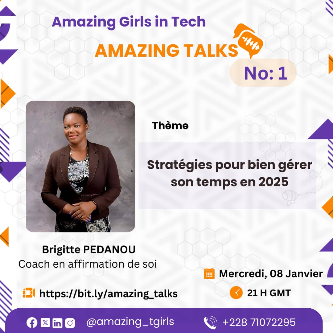 Nous acceuillons , ce mercredi 8 janvier 2025  a  21h GMT , Madame 𝐁𝐫𝐢𝐠𝐢𝐭𝐭𝐞 𝐏𝐄𝐃𝐀𝐍𝐎𝐔, coach en affirmation de soi sur le thème: 𝐬𝐭𝐫𝐚𝐭é𝐠𝐢𝐞𝐬 𝐩𝐨𝐮𝐫 𝐛𝐢𝐞𝐧 𝐠é𝐫𝐞𝐫 𝐬𝐨𝐧 𝐭𝐞𝐦𝐩𝐬 𝐞𝐧 2025. 

 En ligne : bit.ly/amazing_talks  

#AmazingTalks