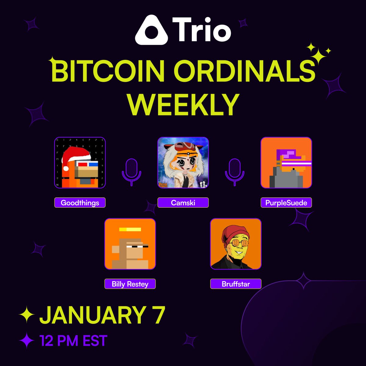 Join us tomorrow for Bitcoin Ordinals Weekly ✨

🎙️Co-hosted by @goodthings <a href="/camskiiii/">Camski</a> <a href="/PurpleSuede22/">PurpleSuede22.BTC 💜🧪</a>

Artist Spotlight: <a href="/billyrestey/">billy</a>

Come and talk art on Bitcoin with us!

Set your reminders below 👇