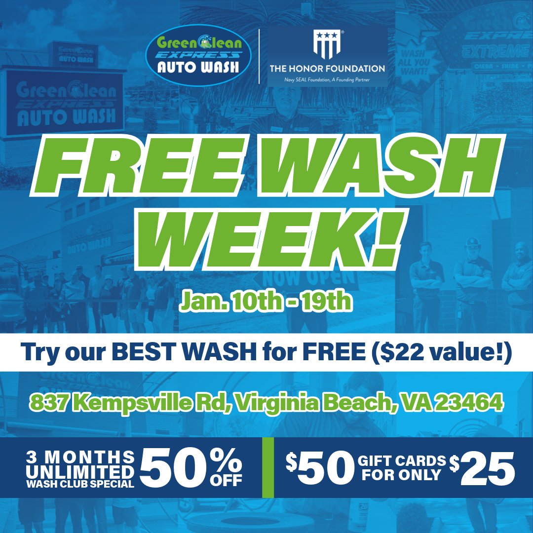 Green Clean Express Auto Wash (@grnclnautowash) on Twitter photo Celebrate the grand opening of Green Clean Express with FREE TOP WASHES ($22 value) Jan 10–19 at 837 Kempsville Rd, Virginia Beach, VA!
🎉 Specials: 50% off 3 months Unlimited Wash Club (+$10 to The Honor Foundation) & $50 gift cards for $25.
✂️ Ribbon Cutting: Jan 10 @ 11 AM! Celebrate the grand opening of Green Clean Express with FREE TOP WASHES ($22 value) Jan 10–19 at 837 Kempsville Rd, Virginia Beach, VA!
🎉 Specials: 50% off 3 months Unlimited Wash Club (+$10 to The Honor Foundation) & $50 gift cards for $25.
✂️ Ribbon Cutting: Jan 10 @ 11 AM!