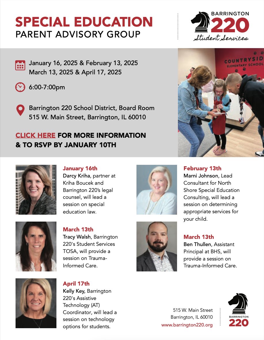 Barrington 220 Student Services and Support is hosting four Special Education Parent Advisory Group educational sessions open to parents and guardians of students with Individualized Education Programs (IEPs). Learn more and register here: tinyurl.com/2nrtjpw4