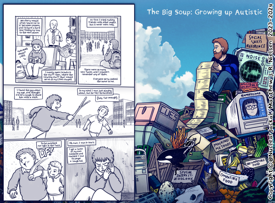 NuclearJackal's tweet photo. I like how it's looking so far, maybe some tweaks are needed here and there, but it's great seeing it all building up into something. 

#graphicnovelwip #autobio #graphicmemoir #comicmemoir #comicwip #wip #illustrationwip #illustration #art #schoolyears #asdmemoir #thebigsoup https://t.co/nVjtF7NslI