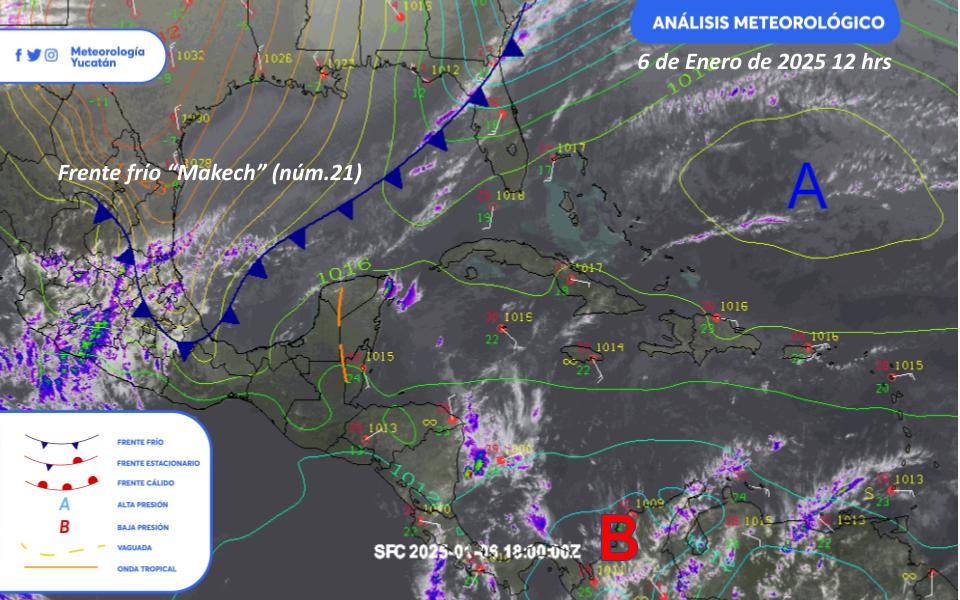 ClimaYucatan's tweet photo. 🗺️ Análisis meteorológico muestra al frente frío #Makech (núm.21) sobre el Golfo de México, aproximandose a la península.
Su vaguada inducida provocará lluvias en el transcurso del día sobre nuestra región. https://t.co/1WTtdK5J8G