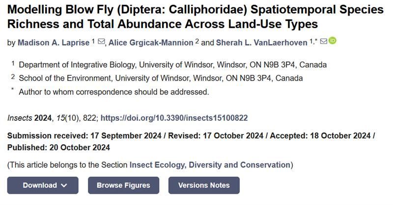 Alice Grgicak-Mannion was co-author on an article titled "Modelling Blow Fly (Diptera: Calliphoridae) Spatiotemporal Species Richness and Total Abundance Across Land Use Types" in the journal Insects. Read the article here (open source): buff.ly/3ZsS2mO