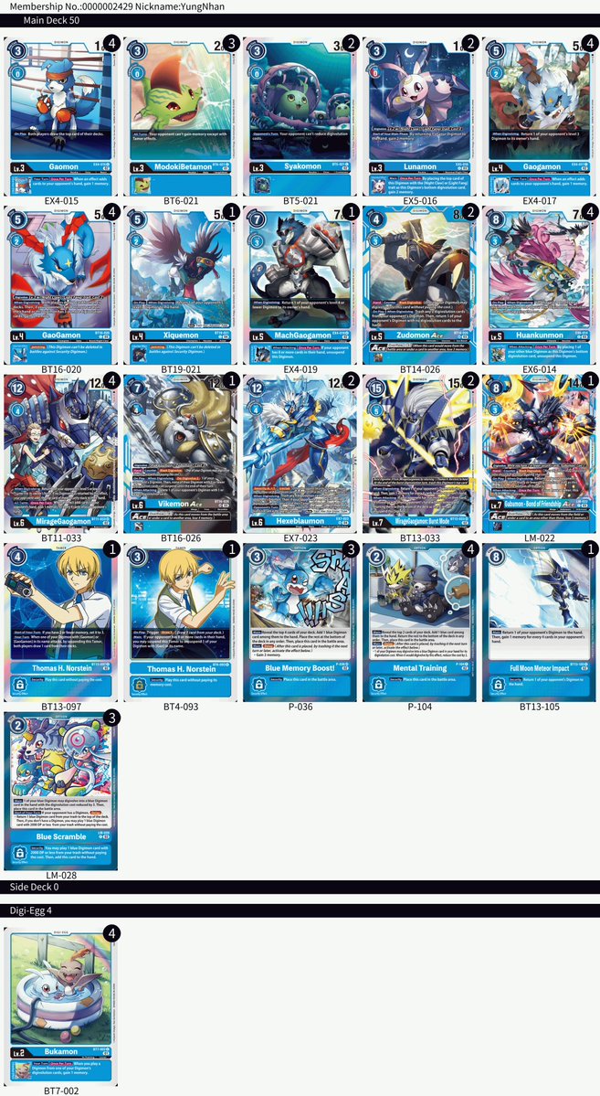 digimon_tcg_EN's tweet photo. [Tournament Results]

Hello Digimon Tamers!
Today we would like to share the 5th to 8th place decks from our recent 2024 Championship North American Finals held at #BCFest 24-25 in Orlando on Jan. 5-6, 2025!

• 5th Place: anticss, Purple Hybrid Deck
• 6th Place: YungNhan, MirageGaogamon Deck
• 7th Place: Nick Hutchens, MirageGaogamon Deck
• 8th Place: Spentspark, Leviamon (X Antibody) Deck

Congratulations to all players who competed this year. Next up is the World Championship which will be held at #BCFest 24-25 World Tour TOUR FINAL in JAPAN!
https://t.co/3djMawPDGS

#DigimonCardGame
#DigimonTCG
#Digimon