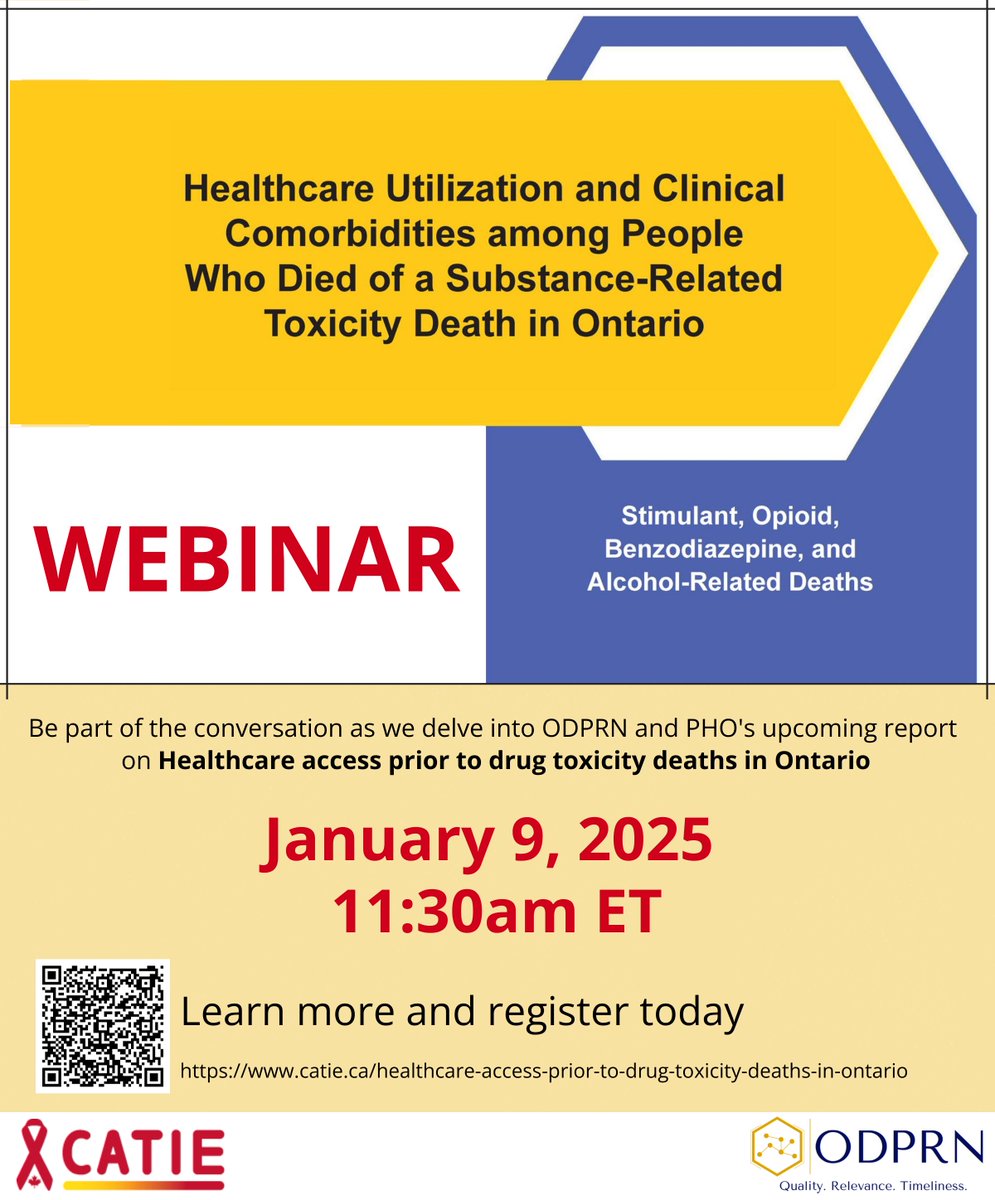 ODPRN (@odprn_research) on Twitter photo Don't forget to register for our upcoming webinar where we will discuss healthcare access leading up to drug toxicity deaths in #Ontario and share key insights from our upcoming collaborative report with <a href="/PublicHealthON/">Public Health ON</a>
catie.ca/healthcare-acc…
🗓️January 9, 2025 ⏰11:30am ET Don't forget to register for our upcoming webinar where we will discuss healthcare access leading up to drug toxicity deaths in #Ontario and share key insights from our upcoming collaborative report with <a href="/PublicHealthON/">Public Health ON</a>
catie.ca/healthcare-acc…
🗓️January 9, 2025 ⏰11:30am ET