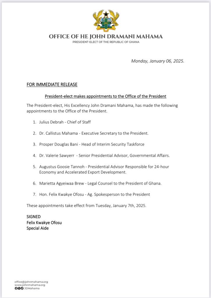 FOR IMMEDIATE RELEASE

President-elect makes appointments to the Office of the President