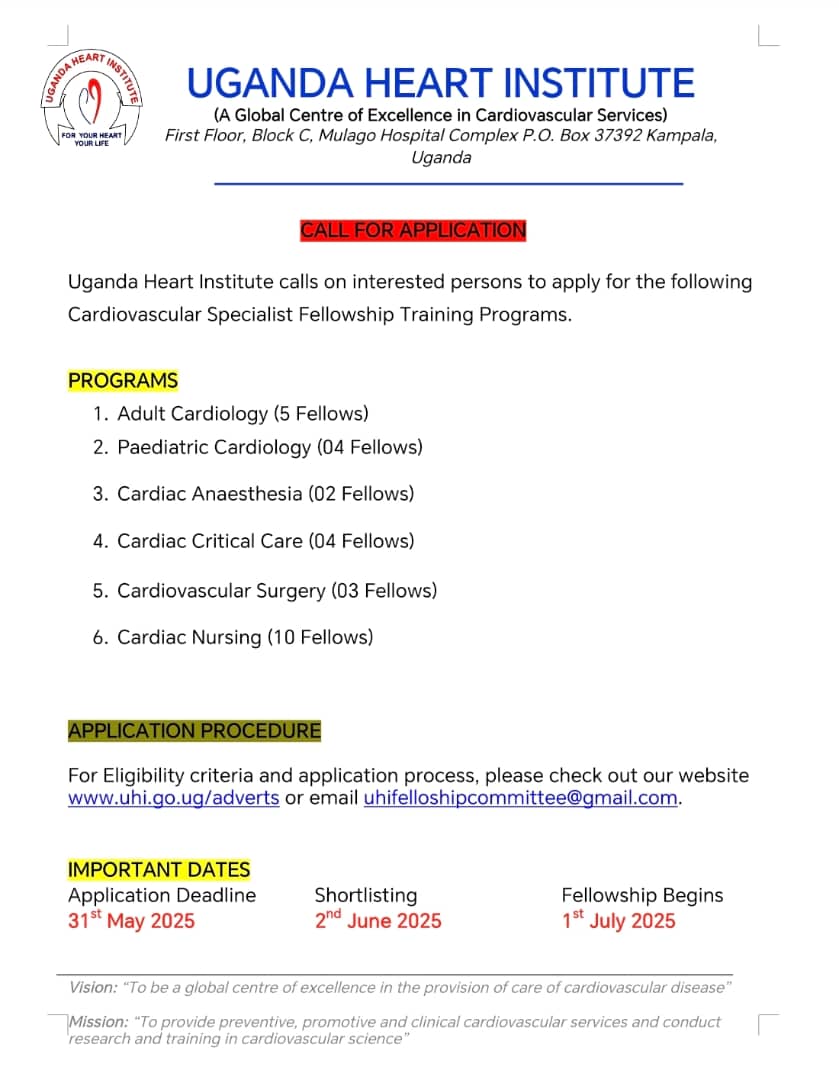 rkalyes1's tweet image. 🎓 🎓 For those who want to specialize in Cardiology 🫀 

👇 📚 📖 Here is your opportunity!
@HeartUganda 
@UgandaPhysician 
@MakCHS_SOM 
@ASOU_Official 
@DrOribaDan 
@ACCESS_UG 
@AnaesthesiaMak
@emsechoug 
@ASNM39971
